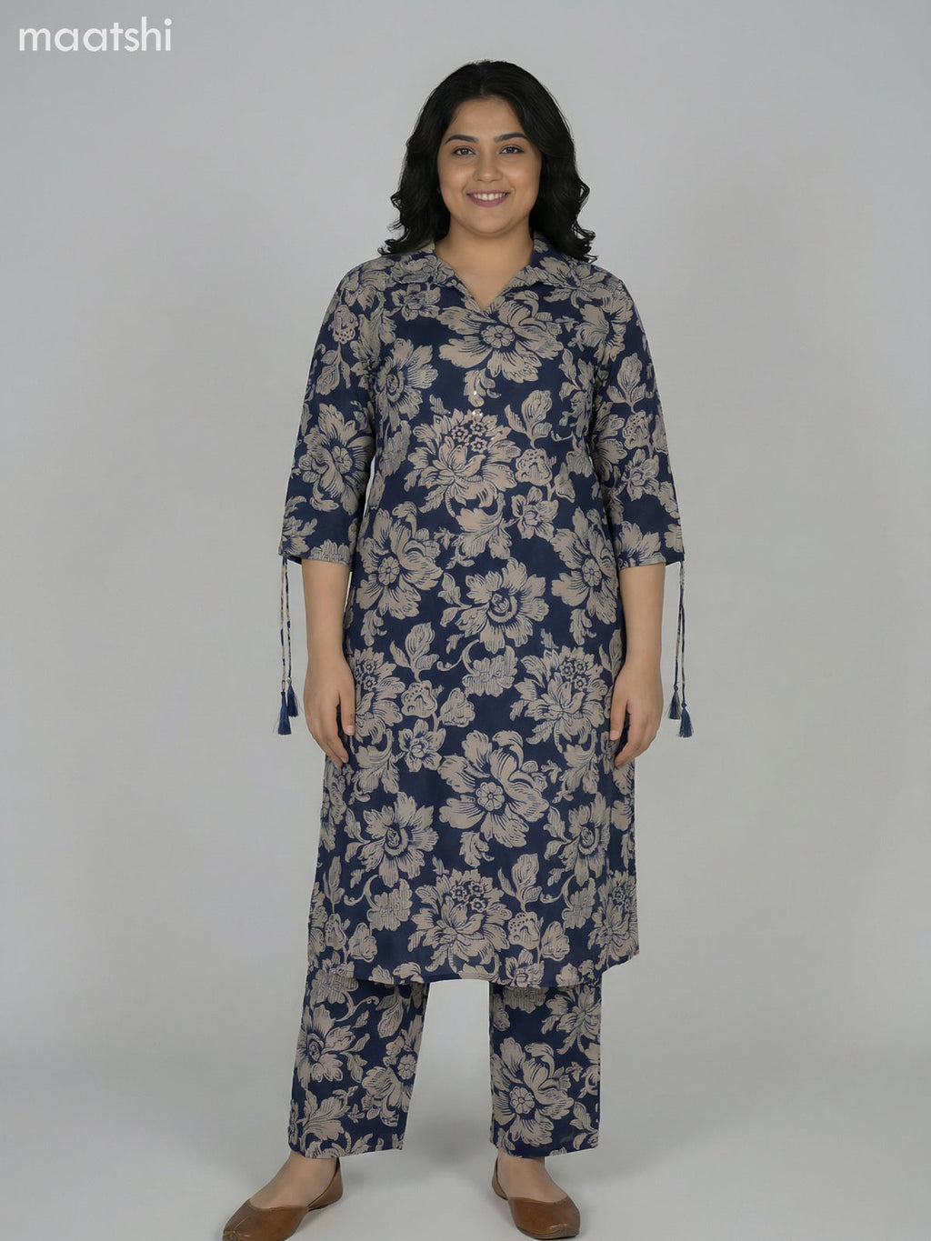 Blue and Beige Cotton Floral Printed Co-Ord Set Palazzo Pant