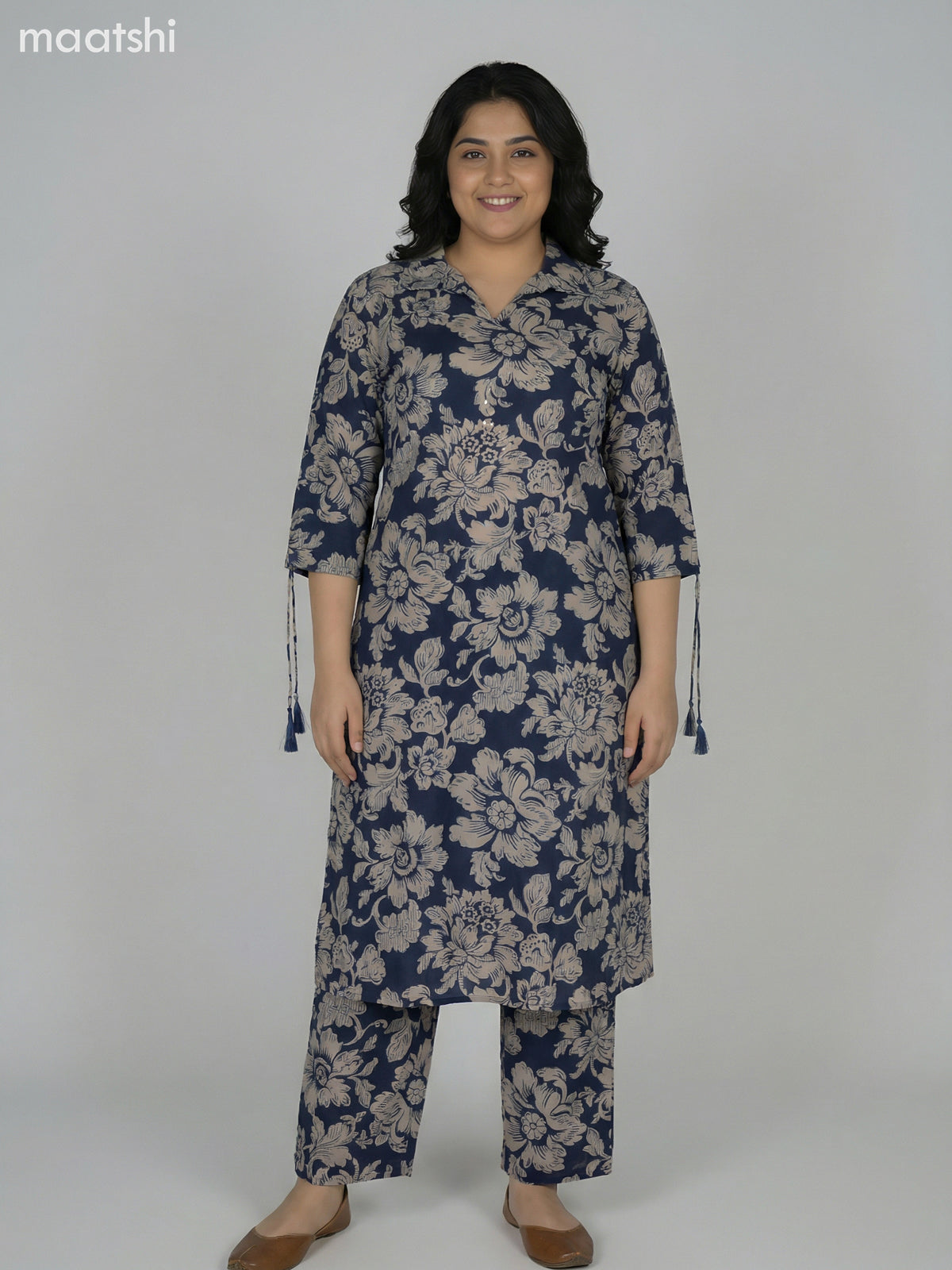 Blue and Beige Cotton Floral Printed Co-Ord Set Palazzo Pant