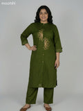 Green Cotton Embroidery Work Kurti Set Straight Cut Pant