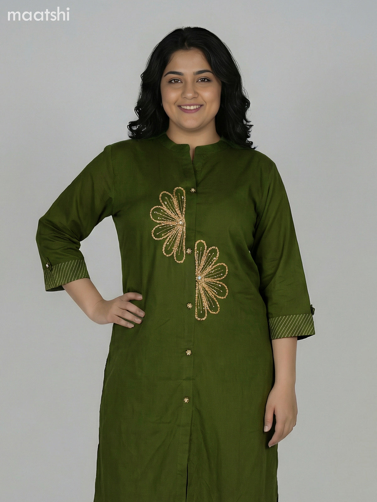 Green Cotton Embroidery Work Kurti Set Straight Cut Pant