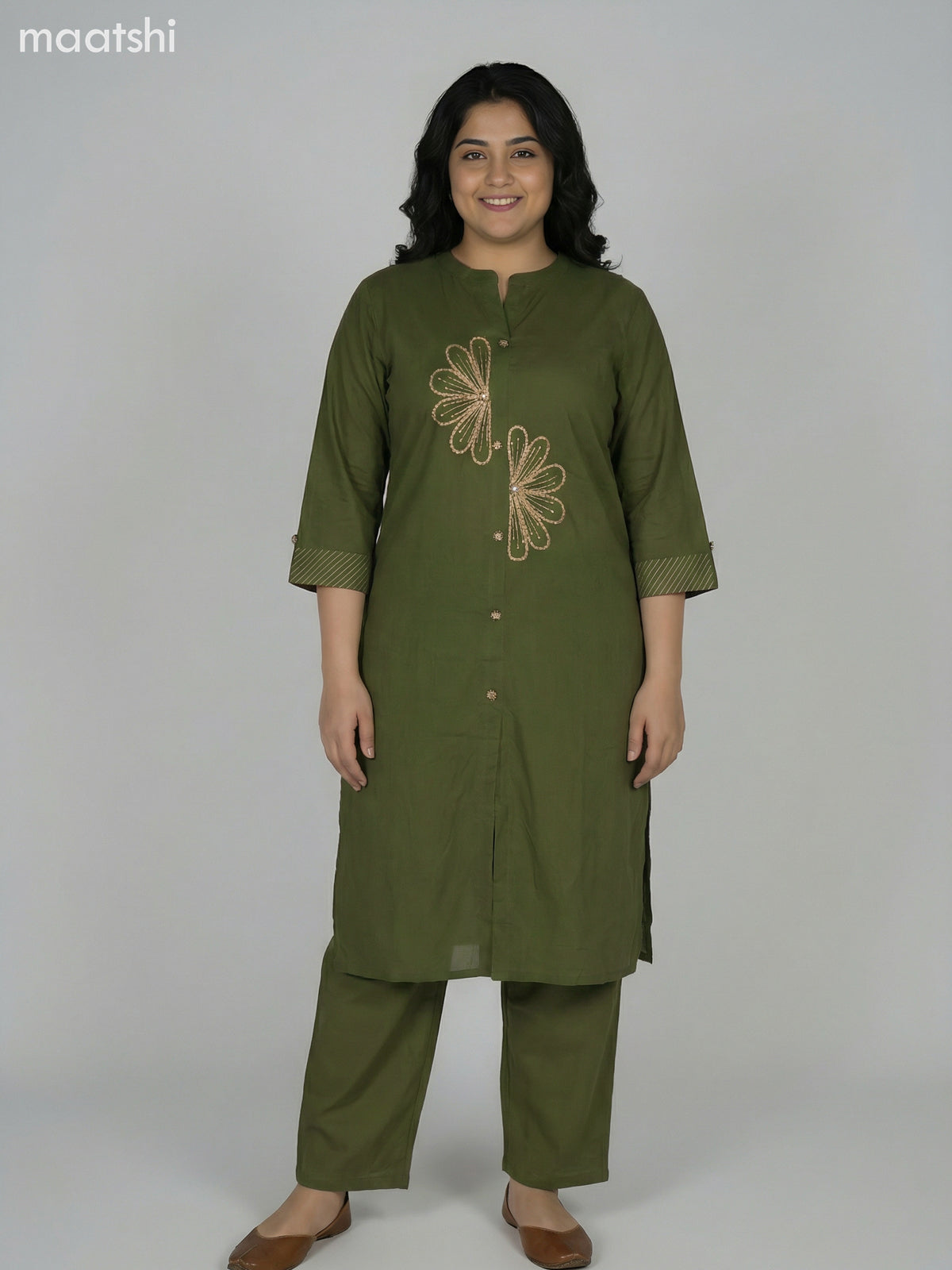 Green Cotton Embroidery Work Kurti Set Straight Cut Pant