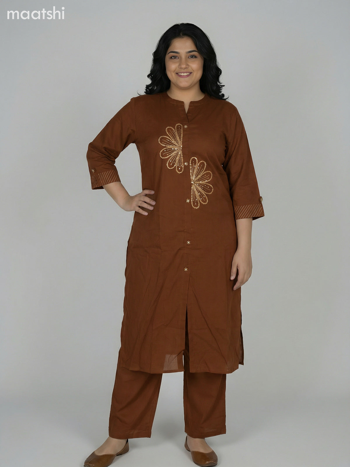 Brown Cotton Embroidery Work Kurti Set Straight Cut Pant