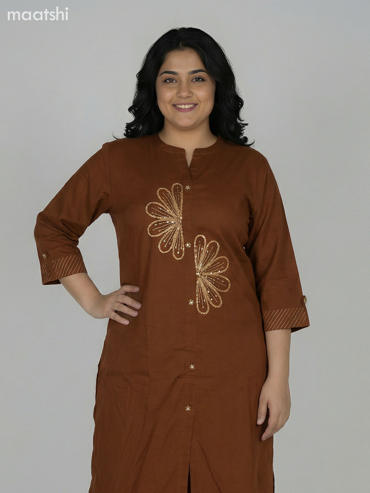 Brown Cotton Embroidery Work Kurti Set Straight Cut Pant