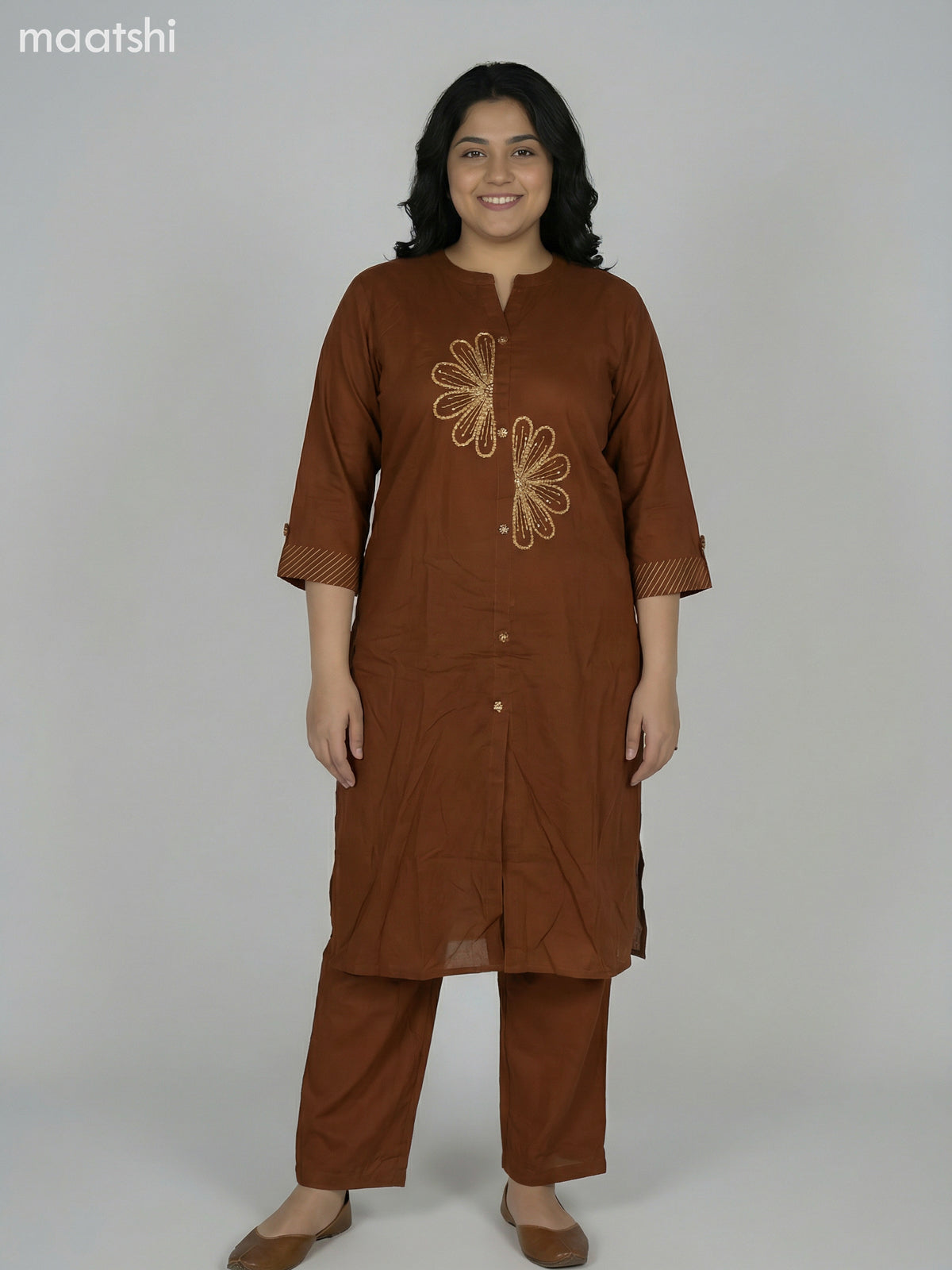 Brown Cotton Embroidery Work Kurti Set Straight Cut Pant