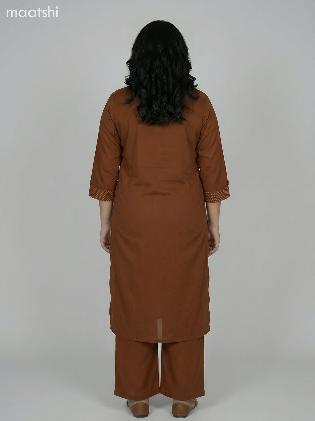 Brown Cotton Embroidery Work Kurti Set Straight Cut Pant