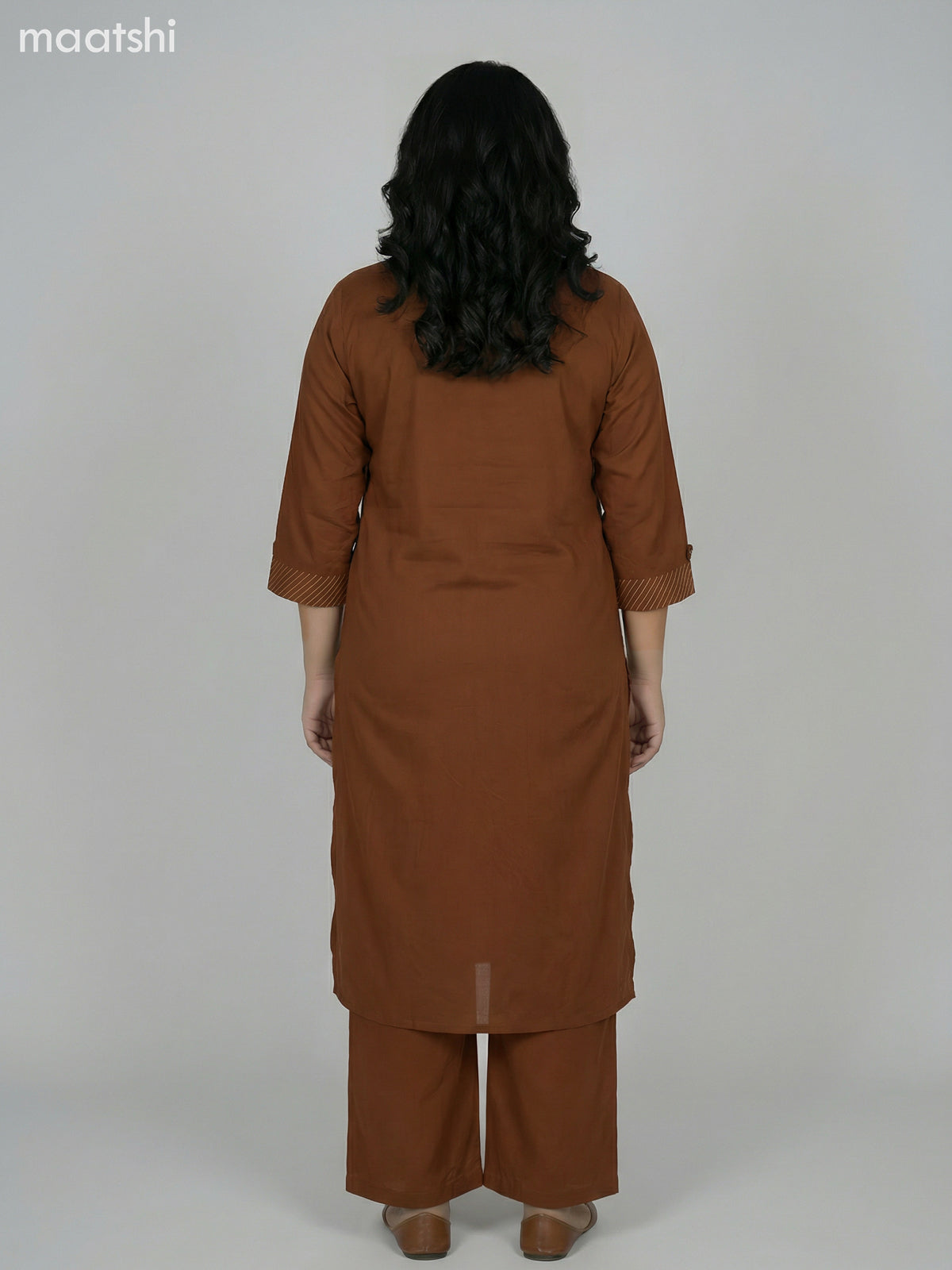 Brown Cotton Embroidery Work Kurti Set Straight Cut Pant