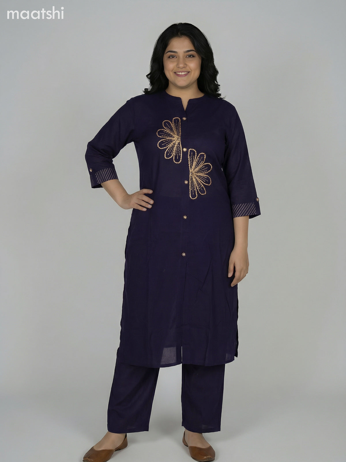 Navy Blue Cotton Embroidery Work Kurti Set Straight Cut Pant