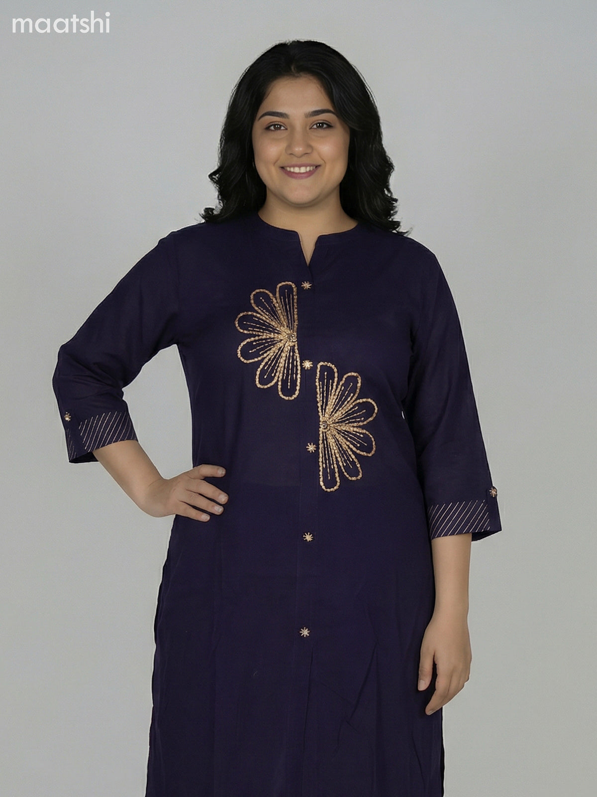 Navy Blue Cotton Embroidery Work Kurti Set Straight Cut Pant