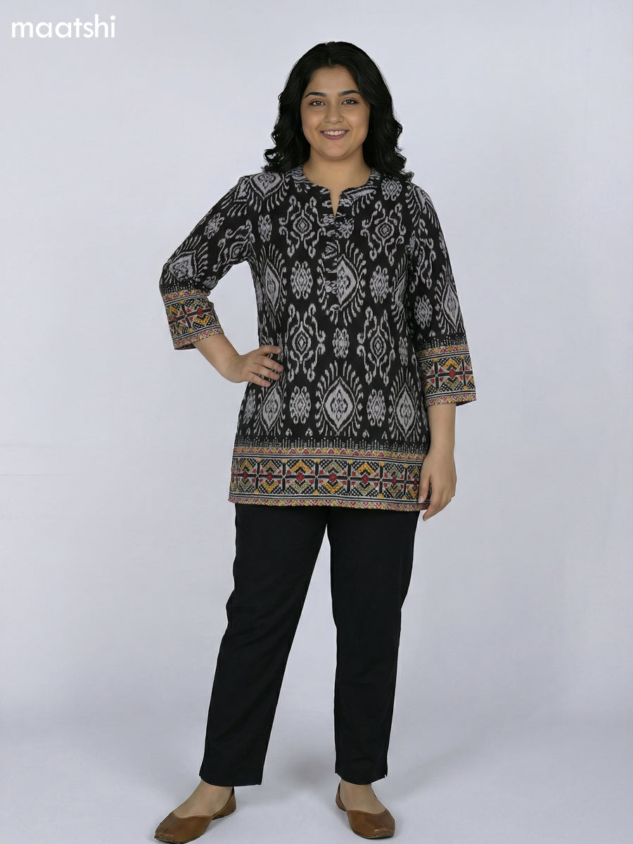Black and Off White Rayon Ikat Printed Short Kurti