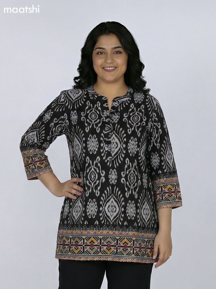 Black and Off White Rayon Ikat Printed Short Kurti