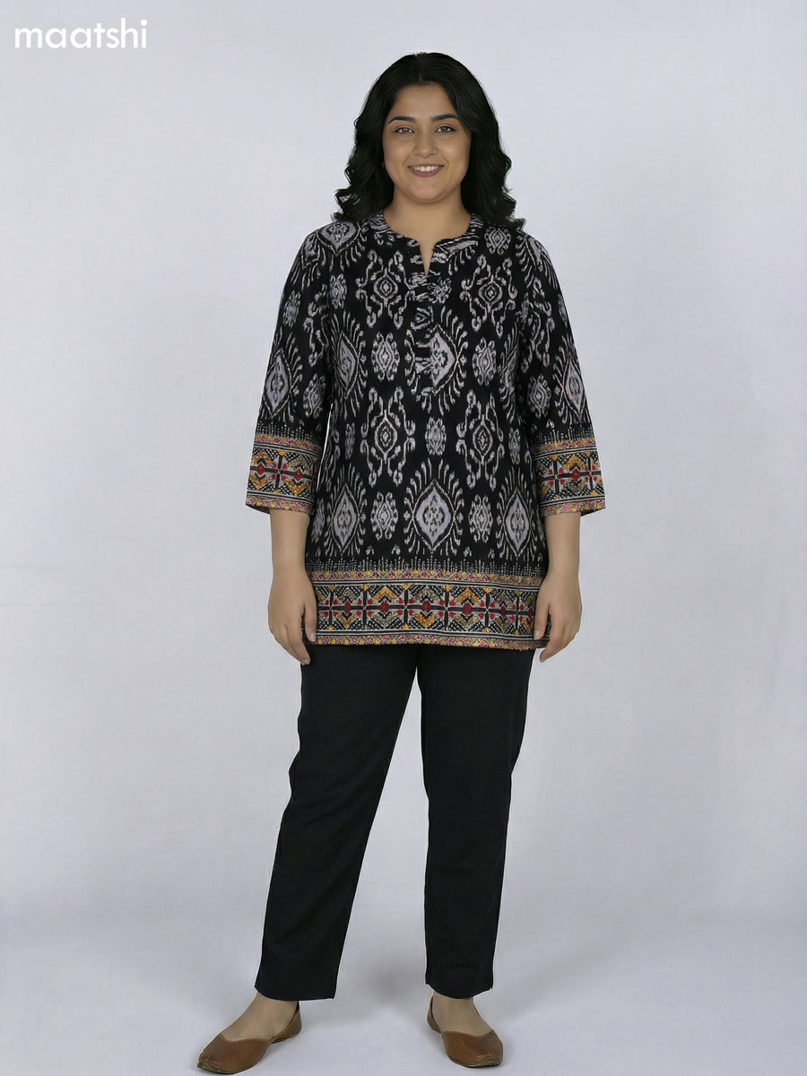 Black and Off White Rayon Ikat Printed Short Kurti