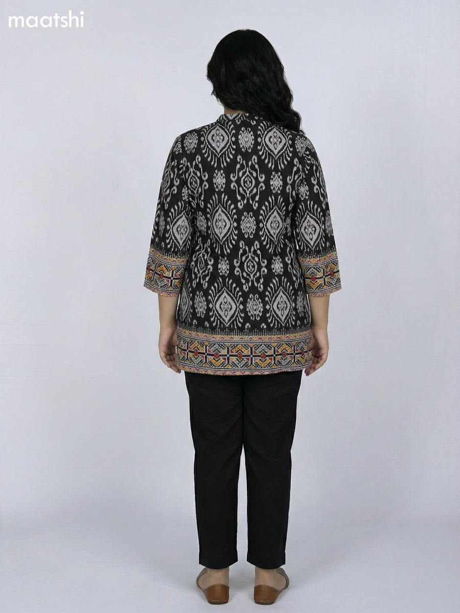 Black and Off White Rayon Ikat Printed Short Kurti