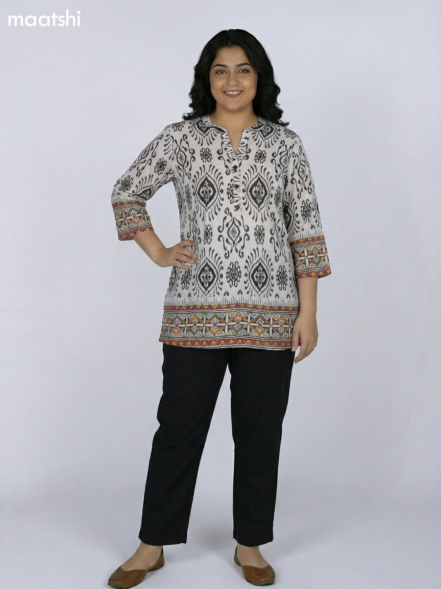 Off White and Black Rayon Ikat Printed Short Kurti