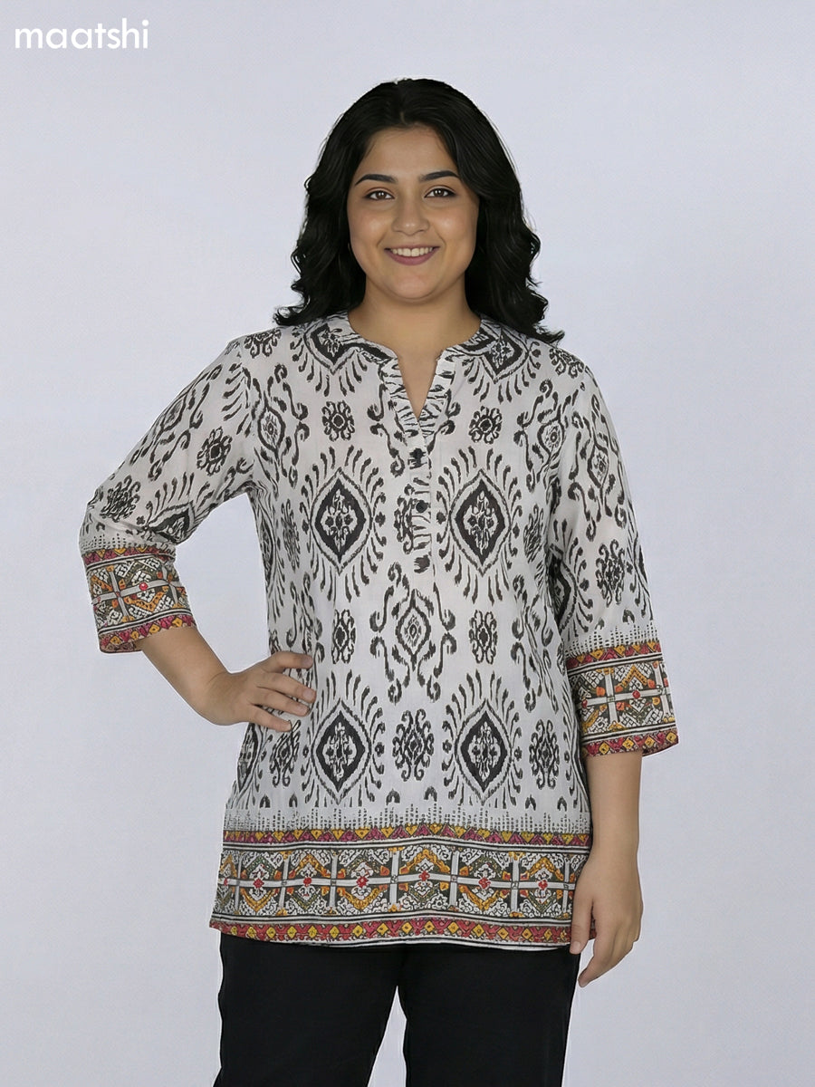 Off White and Black Rayon Ikat Printed Short Kurti
