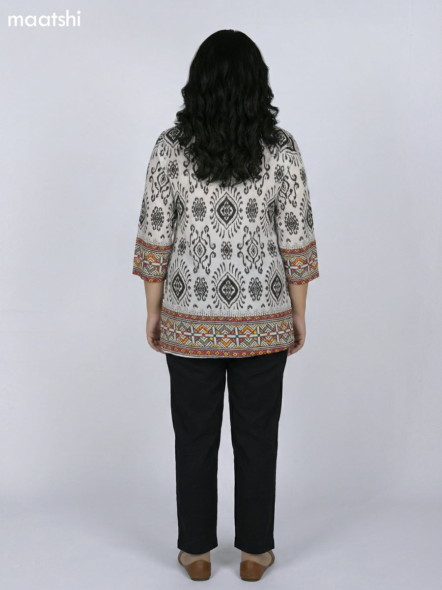 Off White and Black Rayon Ikat Printed Short Kurti