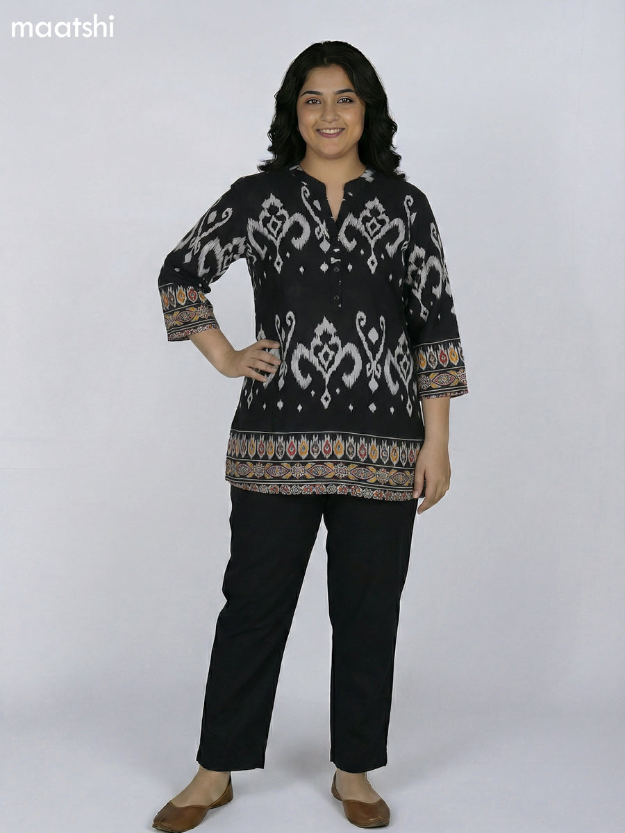 Black and Off White Rayon Ikat Printed Short Kurti