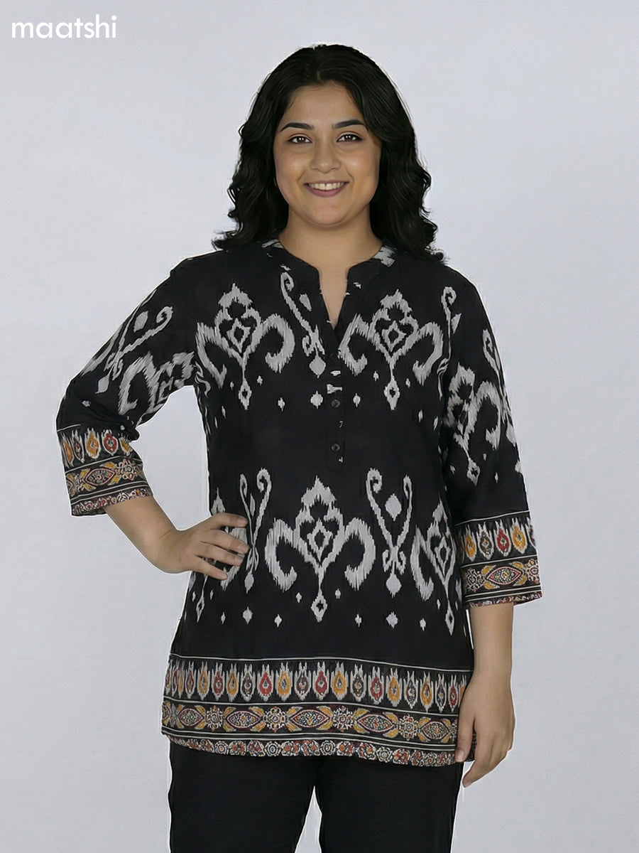 Black and Off White Rayon Ikat Printed Short Kurti