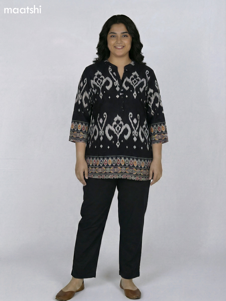 Black and Off White Rayon Ikat Printed Short Kurti