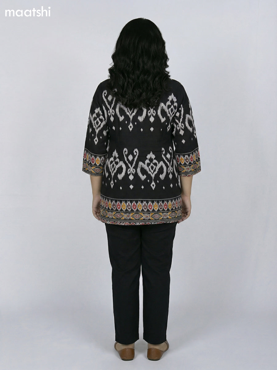 Black and Off White Rayon Ikat Printed Short Kurti