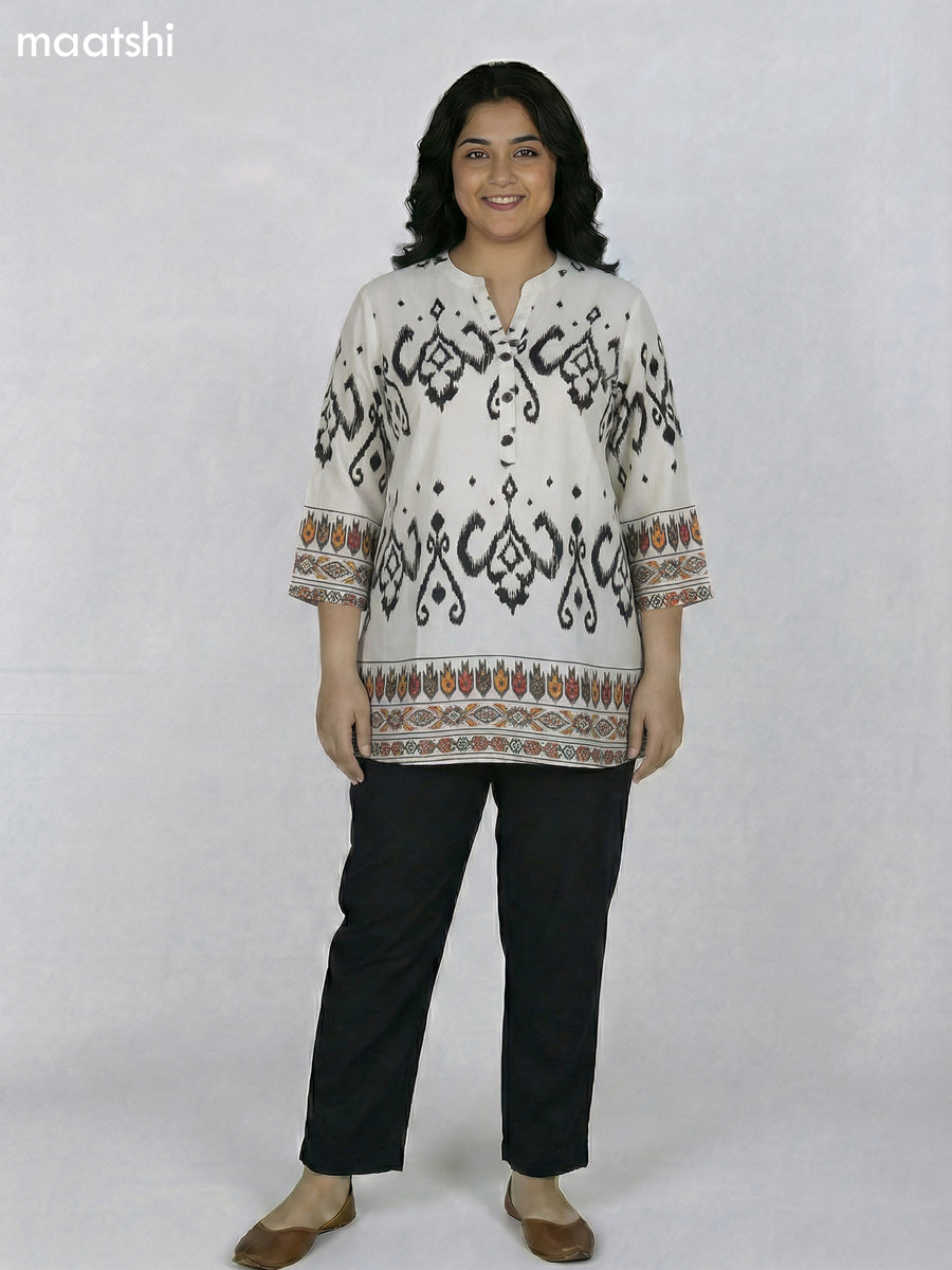 Off White and Black Rayon Ikat Printed Short Kurti