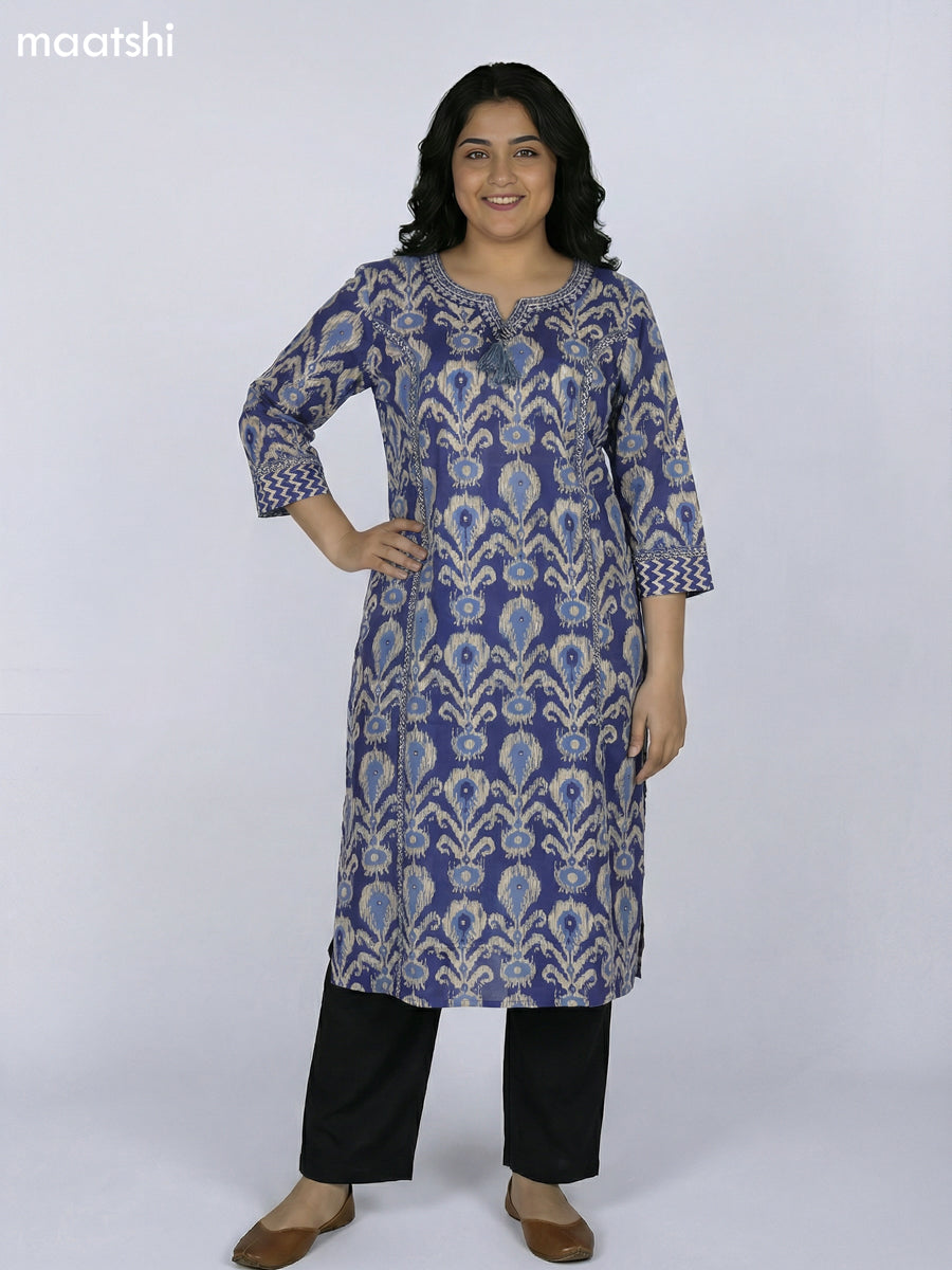 Blue Cotton Ikat Printed Straight Kurti Without Pant