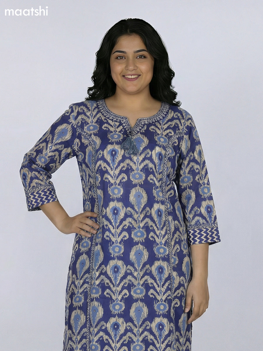 Blue Cotton Ikat Printed Straight Kurti Without Pant