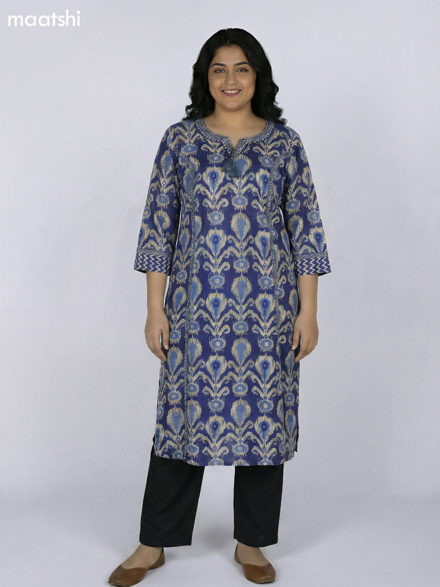 Blue Cotton Ikat Printed Straight Kurti Without Pant