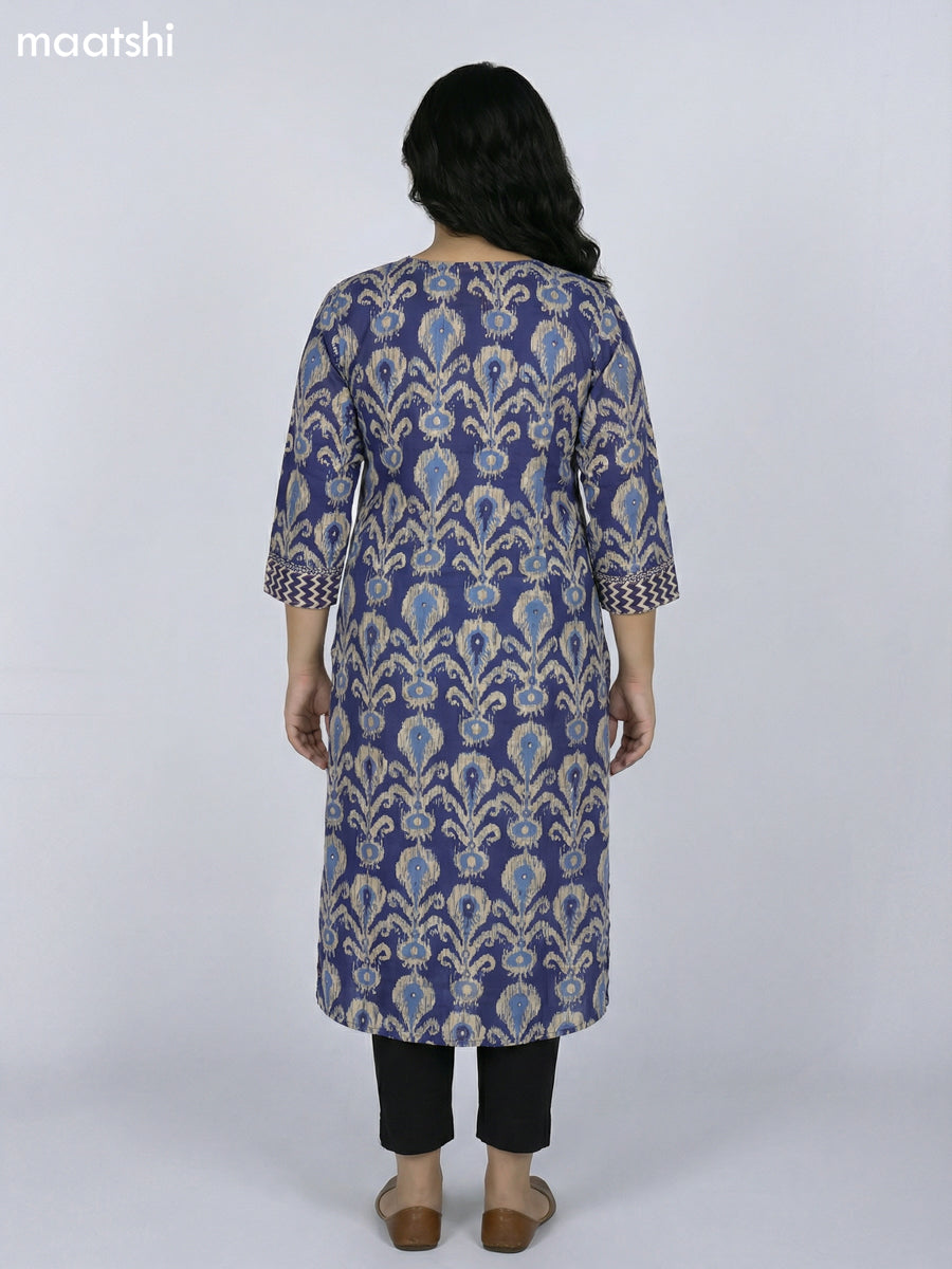 Blue Cotton Ikat Printed Straight Kurti Without Pant