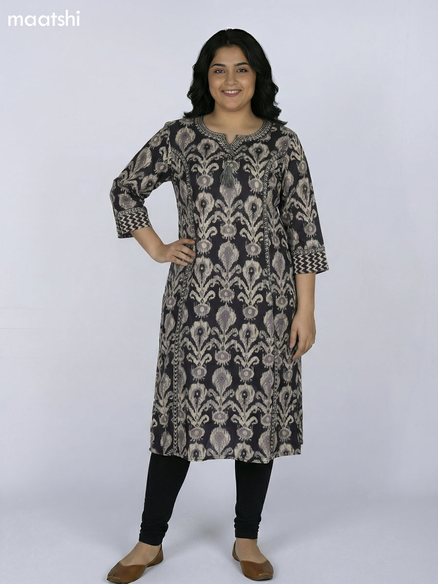 Black Cotton Ikat Printed Straight Kurti Without Pant