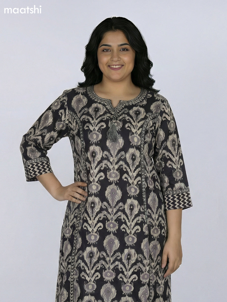Black Cotton Ikat Printed Straight Kurti Without Pant