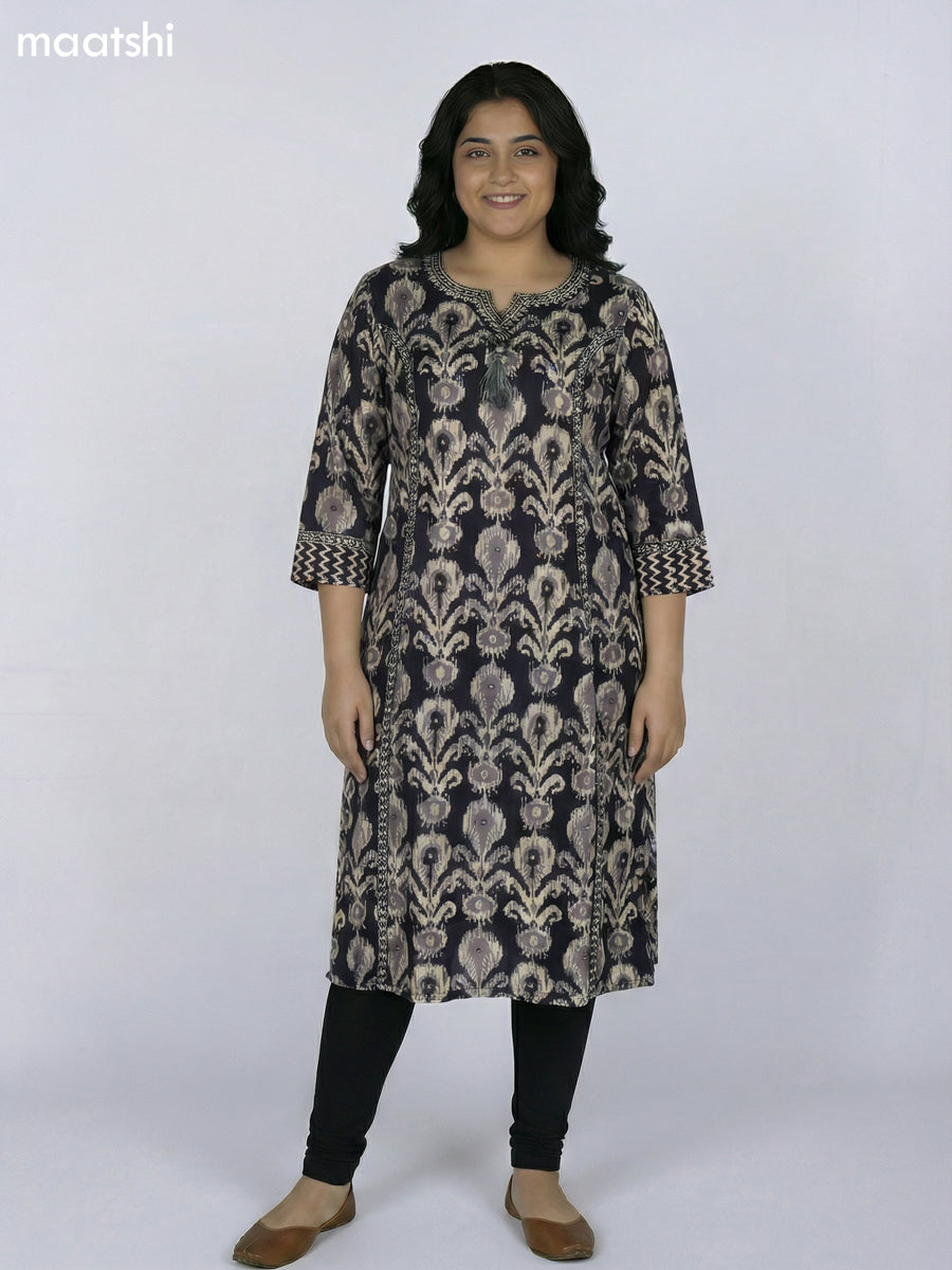 Black Cotton Ikat Printed Straight Kurti Without Pant