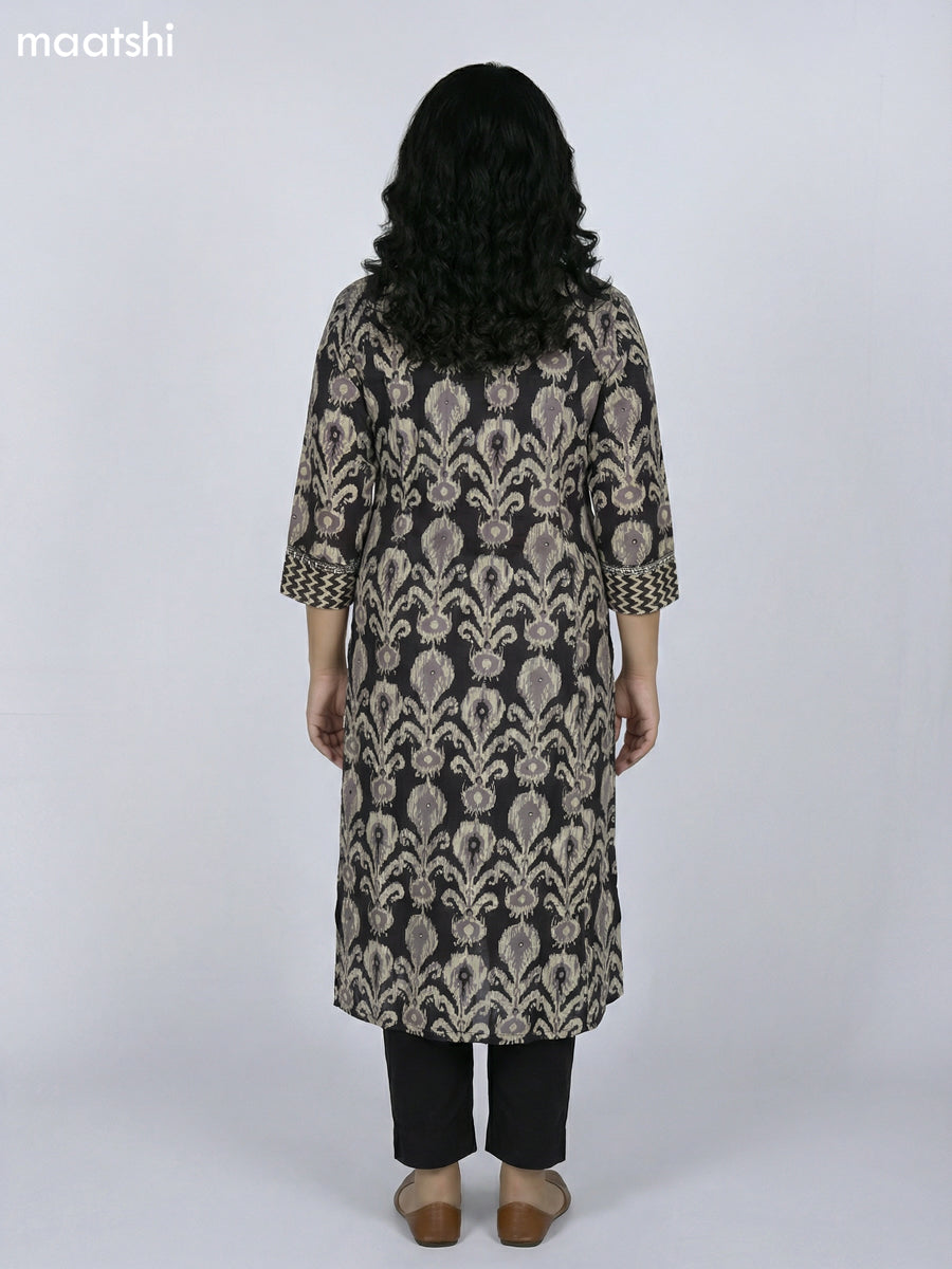 Black Cotton Ikat Printed Straight Kurti Without Pant