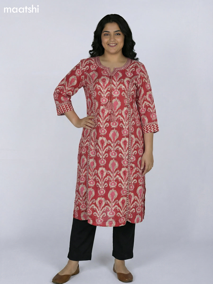 Maroon Cotton Ikat Printed Straight Kurti Without Pant