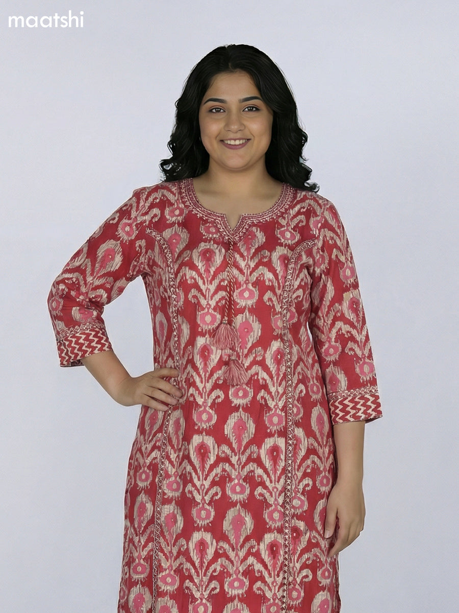 Maroon Cotton Ikat Printed Straight Kurti Without Pant