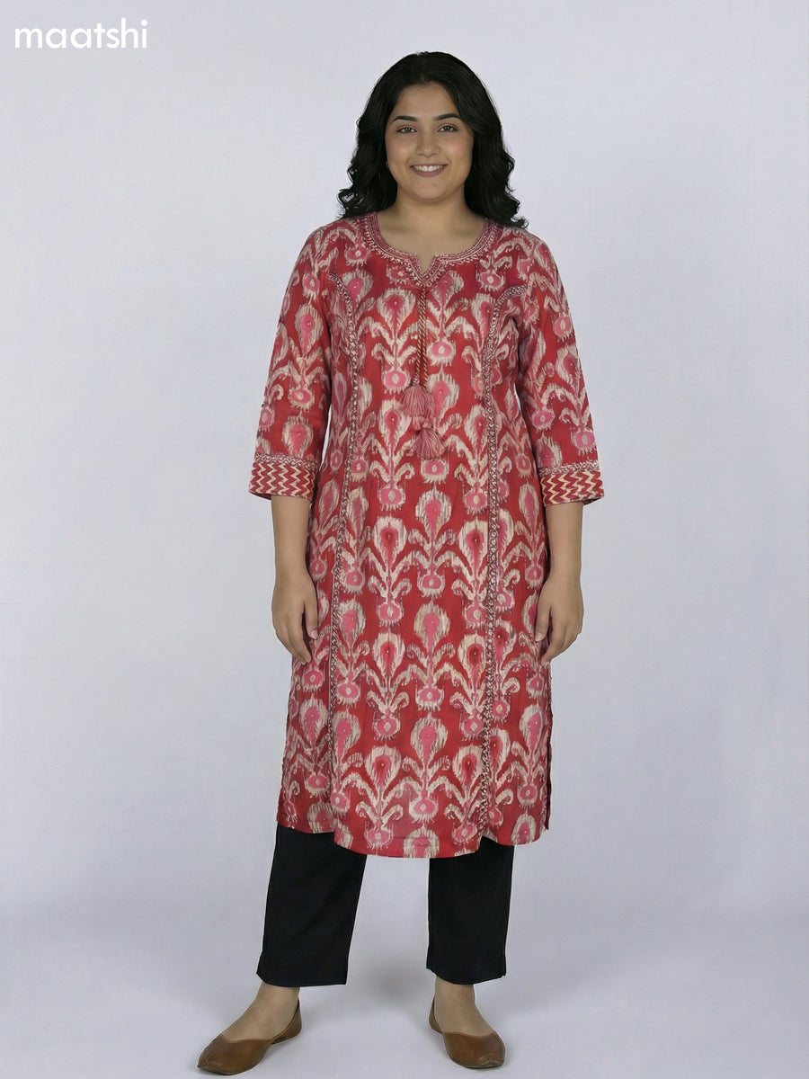 Maroon Cotton Ikat Printed Straight Kurti Without Pant