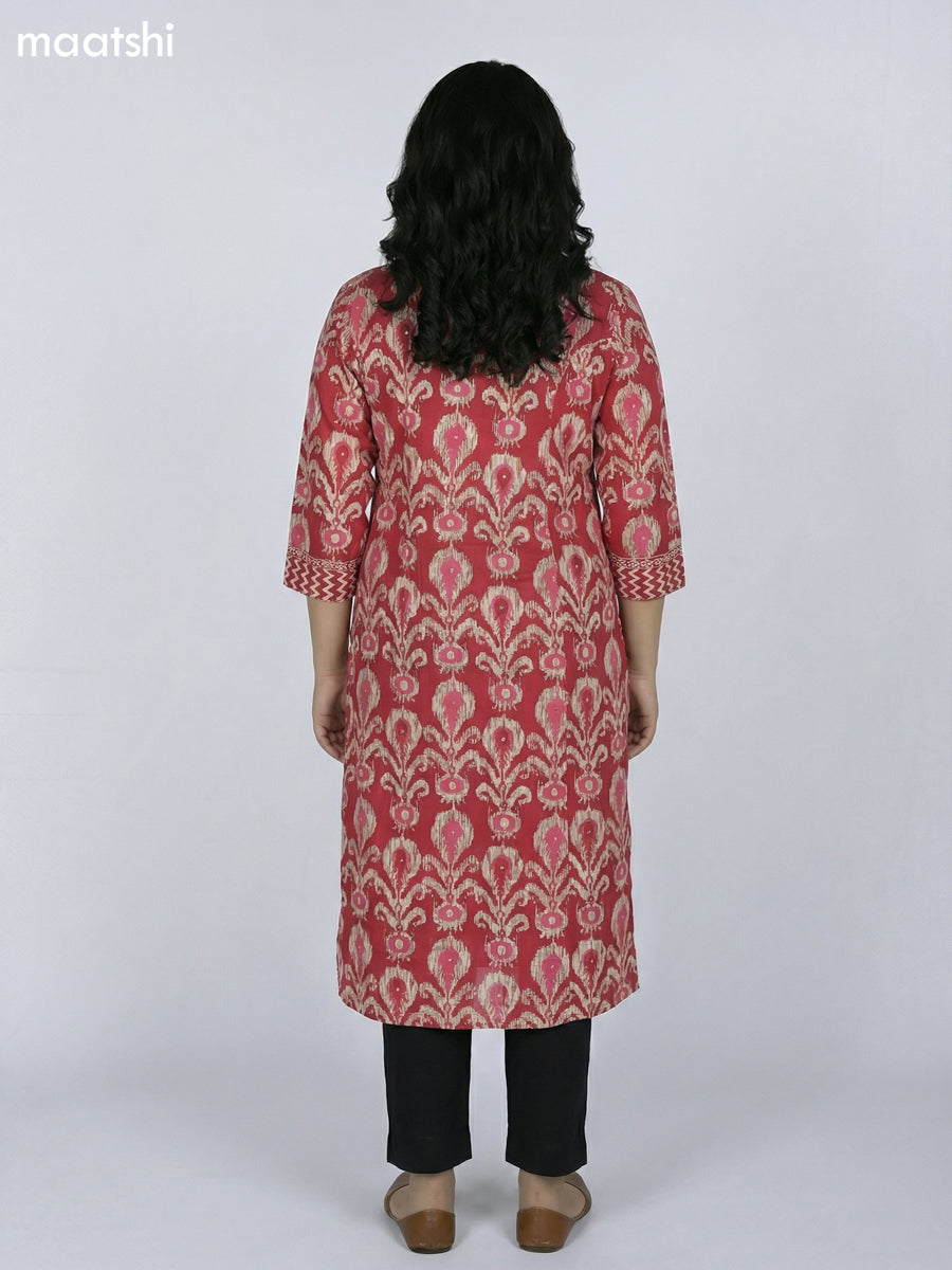 Maroon Cotton Ikat Printed Straight Kurti Without Pant