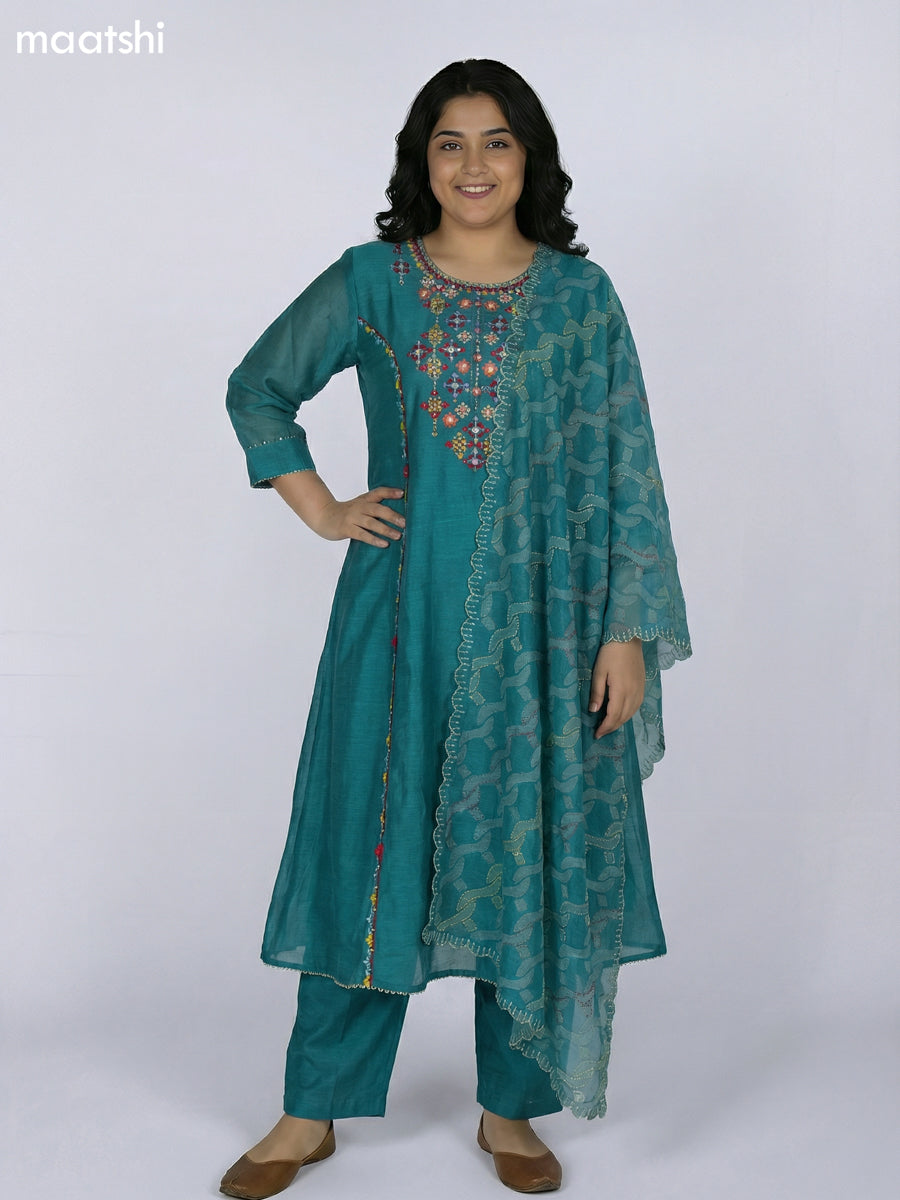 Teal Green Chanderi Embroidery Work Anarkali Suit