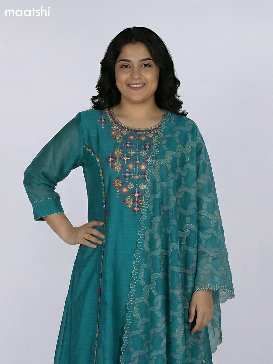 Teal Green Chanderi Embroidery Work Anarkali Suit