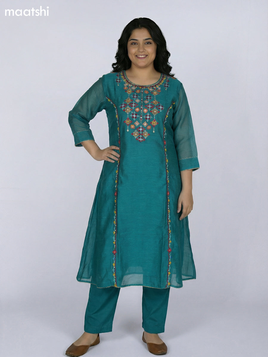 Teal Green Chanderi Embroidery Work Anarkali Suit