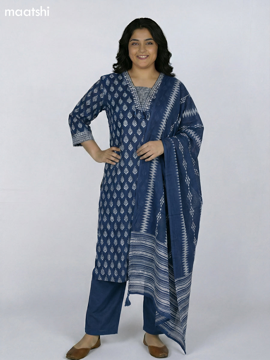 Navy Blue Cotton Ikat Printed Straight Suit