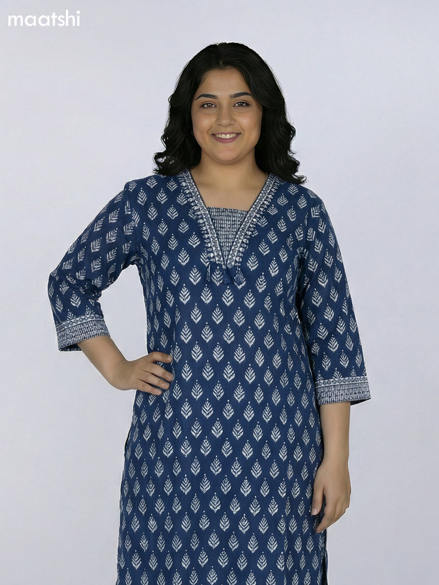 Navy Blue Cotton Ikat Printed Straight Suit