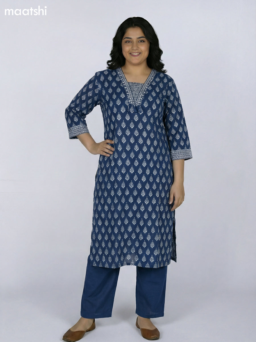 Navy Blue Cotton Ikat Printed Straight Suit