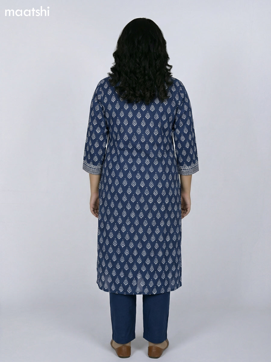 Navy Blue Cotton Ikat Printed Straight Suit