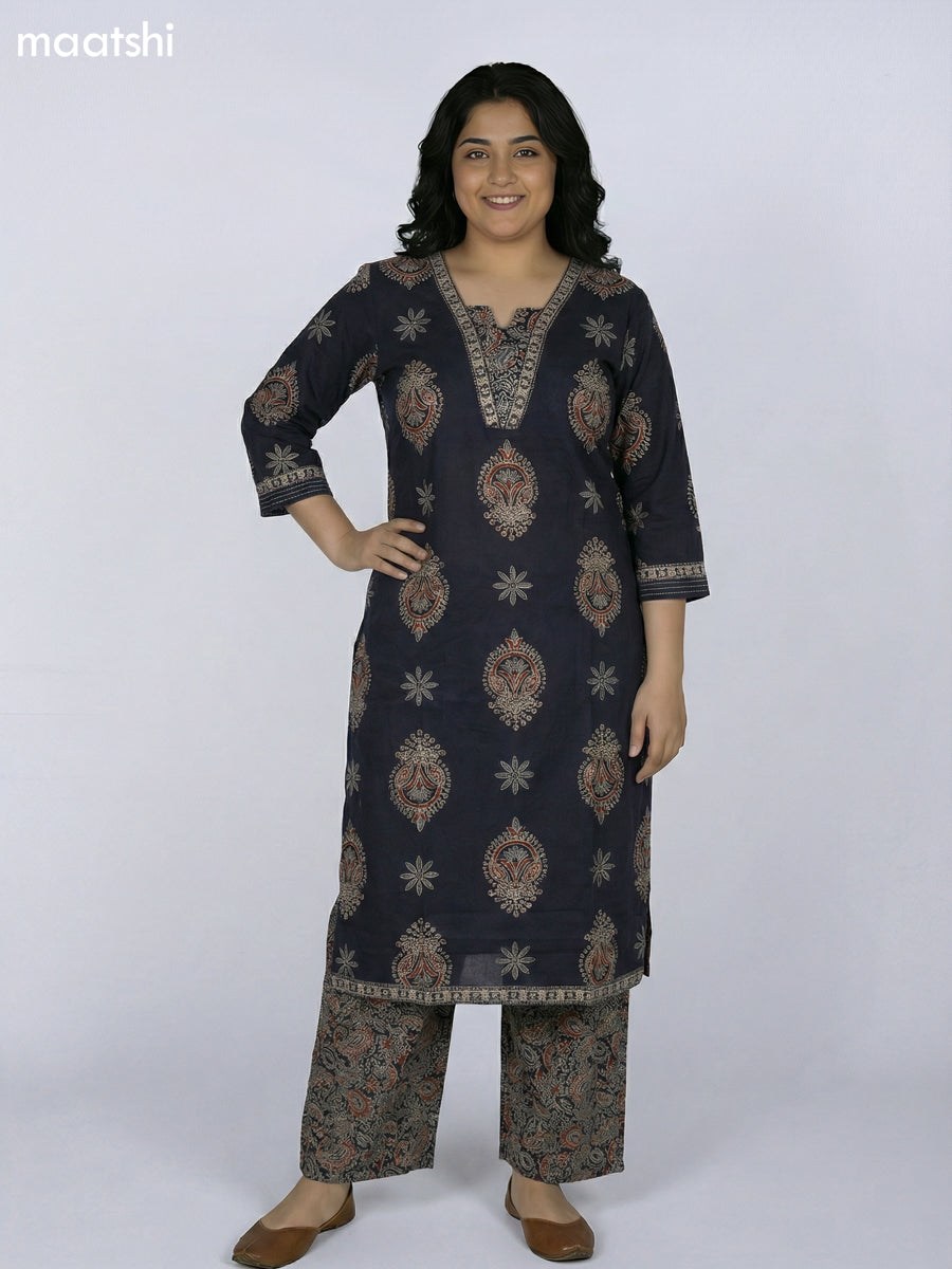 Black Cotton Printed Straight Suit