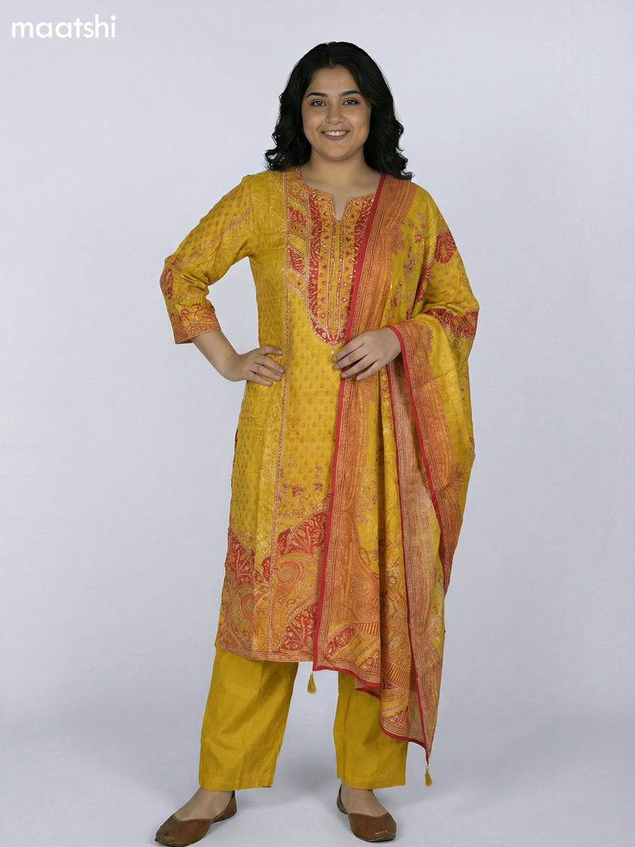 Mustard Yellow Muslin Printed & Embroidery Work Straight Suit