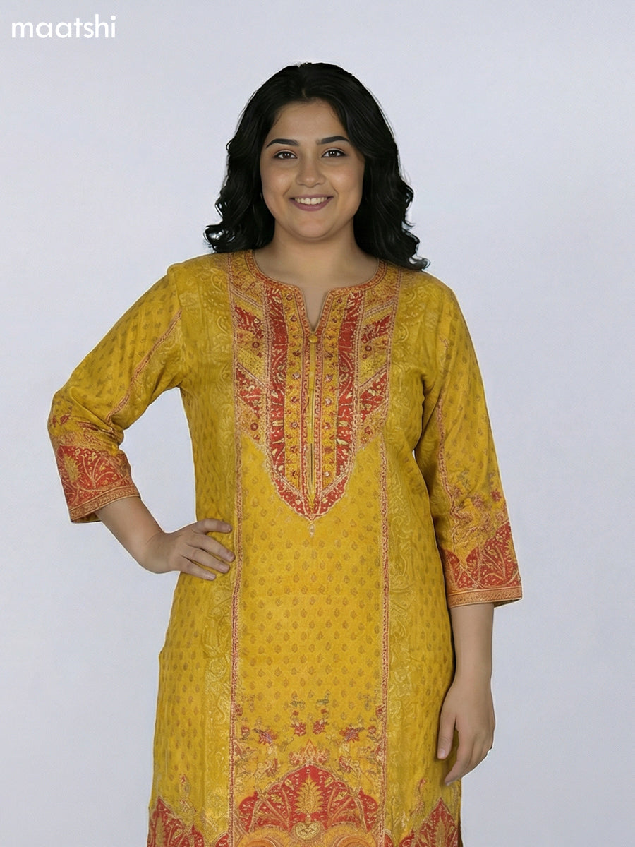 Mustard Yellow Muslin Printed & Embroidery Work Straight Suit
