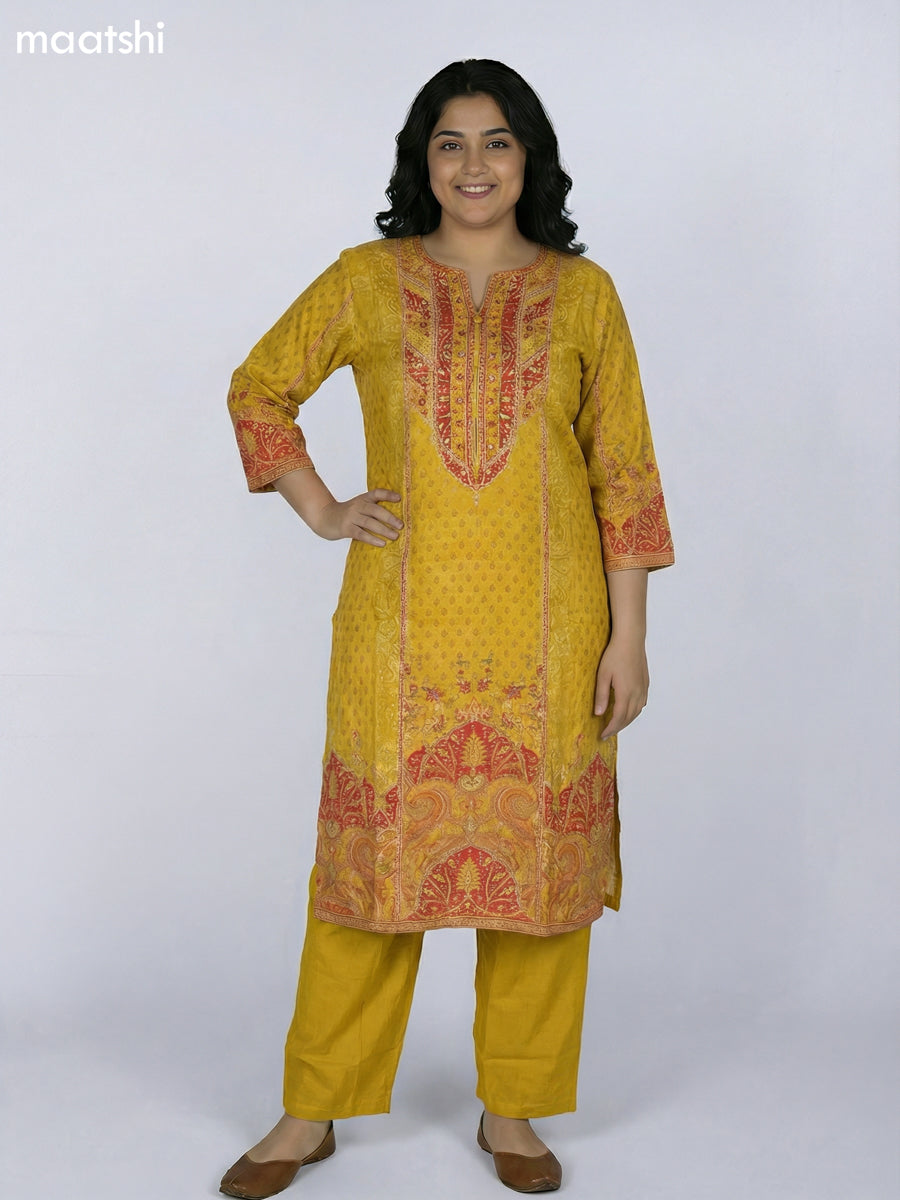 Mustard Yellow Muslin Printed & Embroidery Work Straight Suit