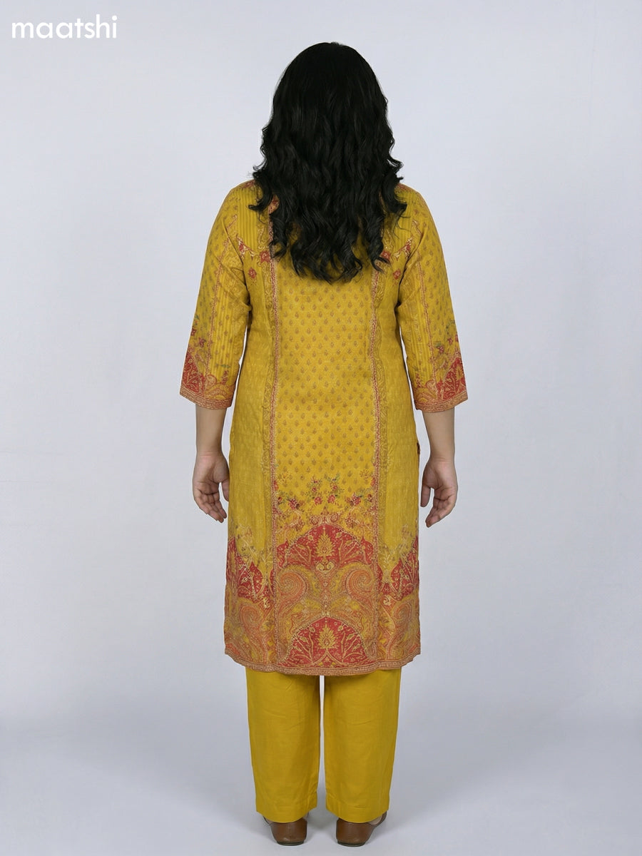 Mustard Yellow Muslin Printed & Embroidery Work Straight Suit