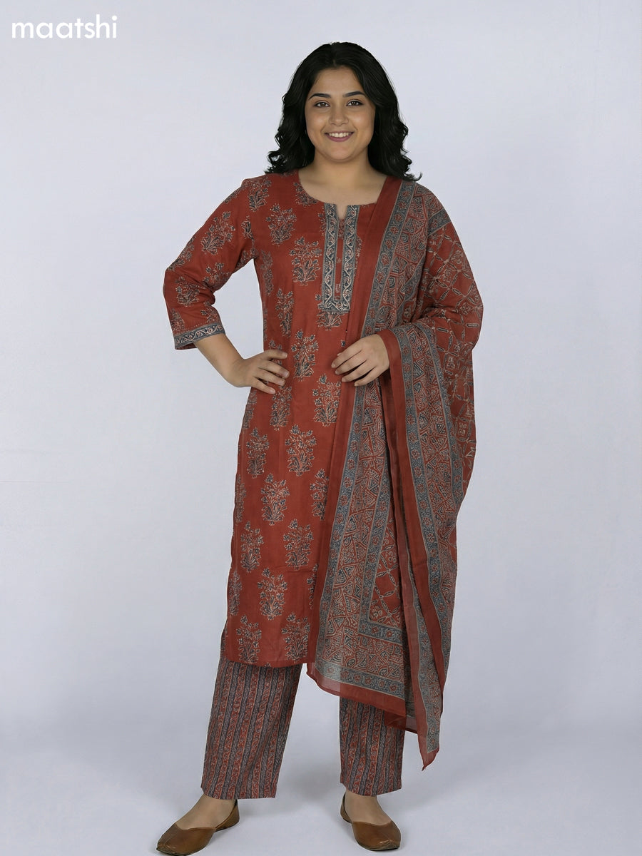 Maroon Shade Cotton Ajrakh Printed Straight Suit