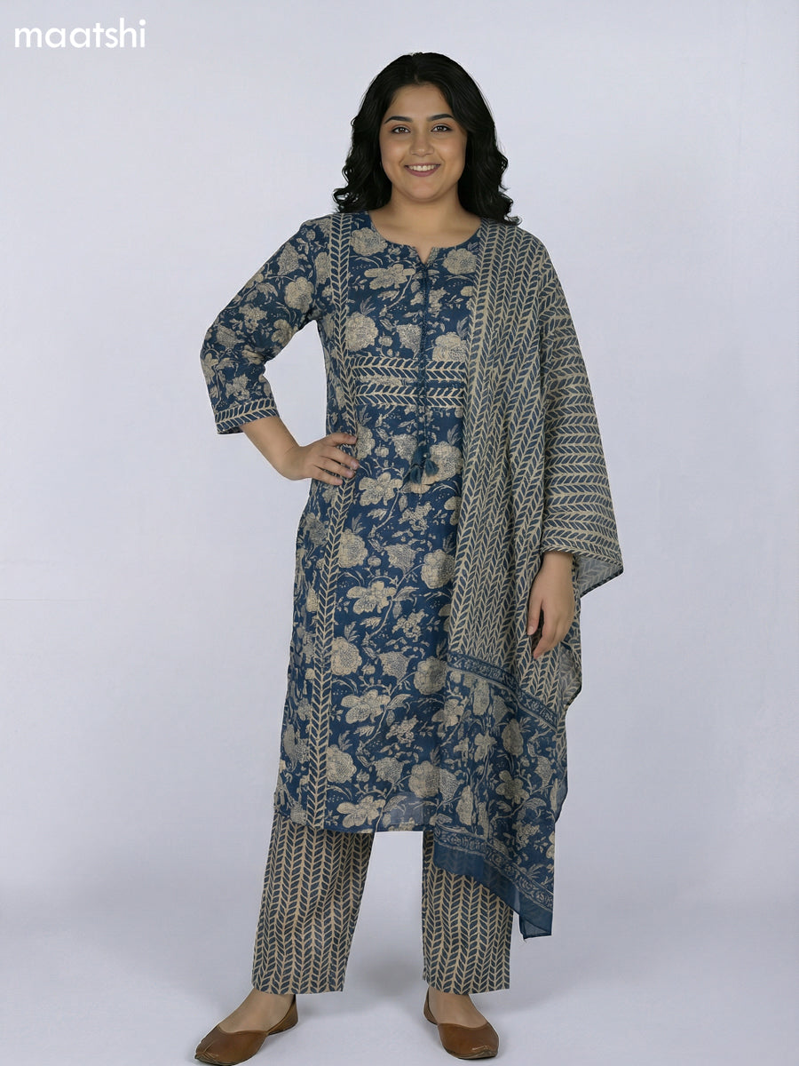 Blue and Beige Cotton Kalamkari Printed Straight Suit